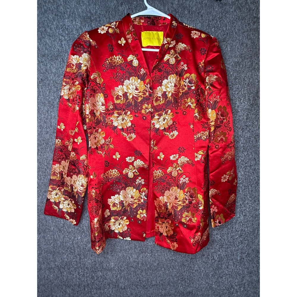 Flores & Flores Red Silk Blend Floral Brocade Mandarin Collar Blazer Jacket 10